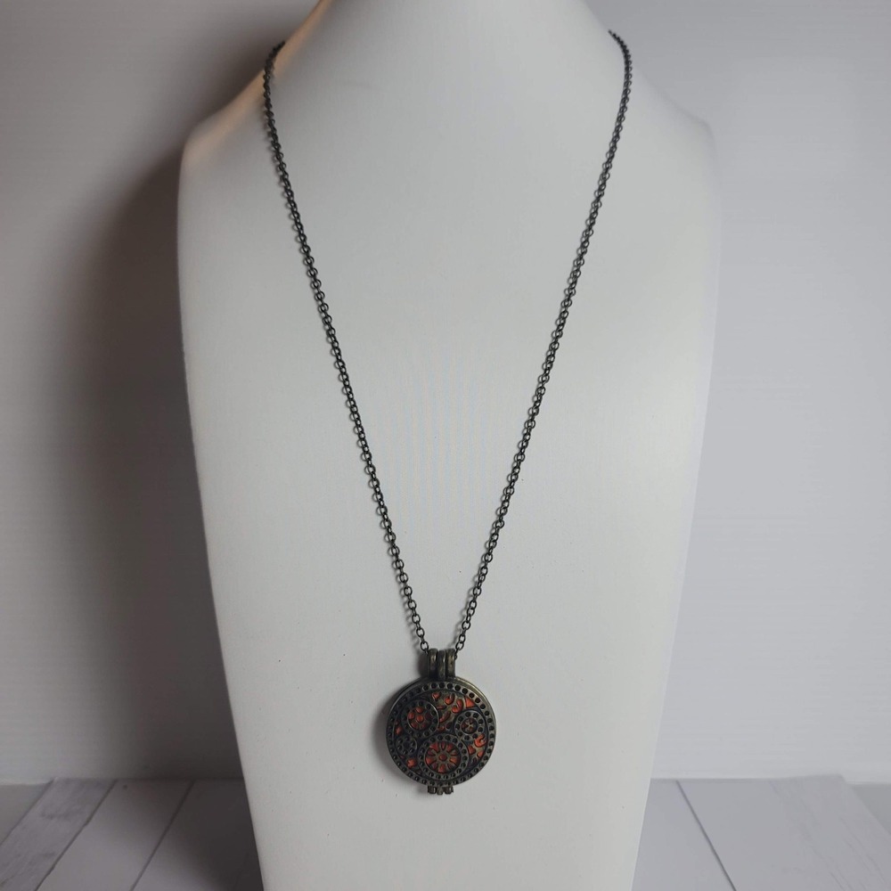 Steampunk Bronze Gear Filigree Locket Necklace Orange Diffuser‎ Pendant Festive